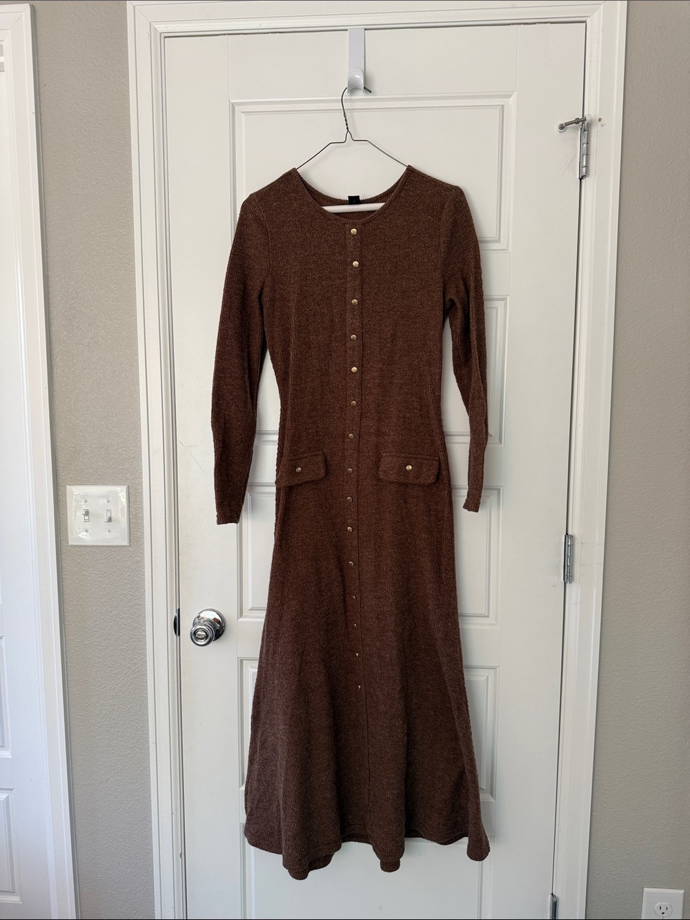 SHEIN Brown Long Sleeve Button-Front Knit Maxi Dress